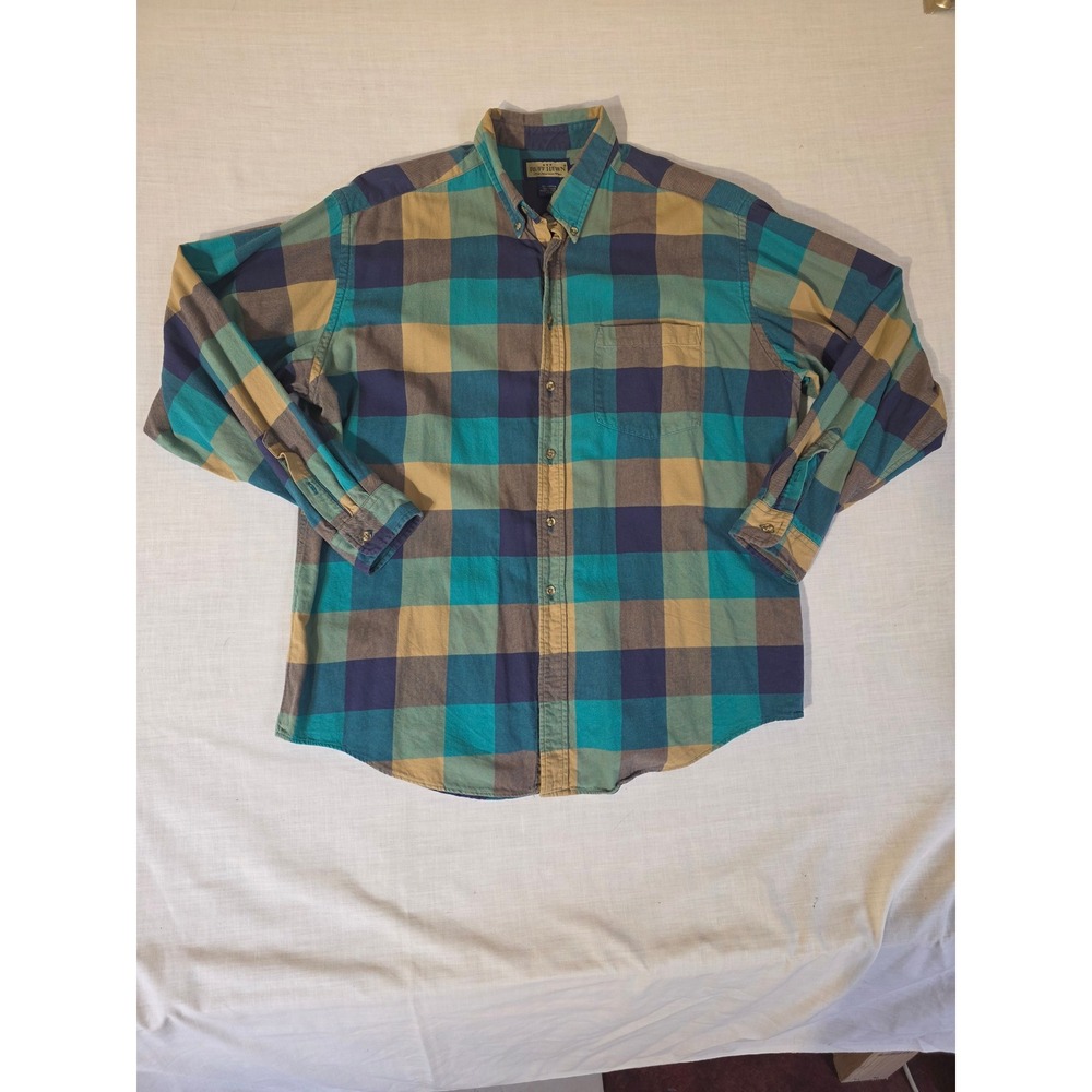 90s‎ Plaid Flannel Button Down Shirt Made in USA XL Teal Purple Grunge Rugged